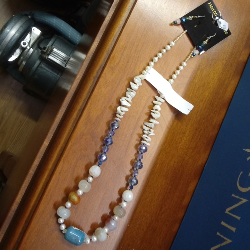 Crystal bead necklace. Puka shells. W/ earrings